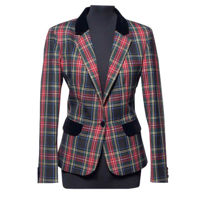 Tartan Blazer Womens Jacket with Velvet Collar
